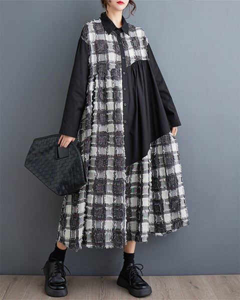 ellazhu Women's Plaid Patchwork Printed Long Dress GZ98