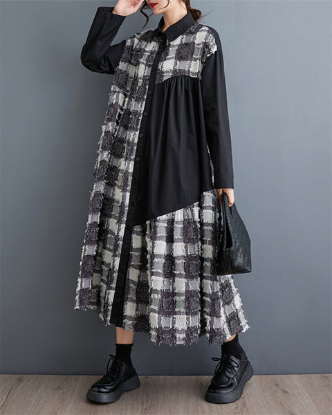 ellazhu Women's Plaid Patchwork Printed Long Dress GZ98