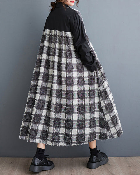 ellazhu Women's Plaid Patchwork Printed Long Dress GZ98