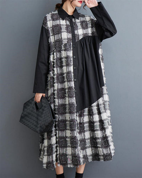 ellazhu Women's Plaid Patchwork Printed Long Dress GZ98