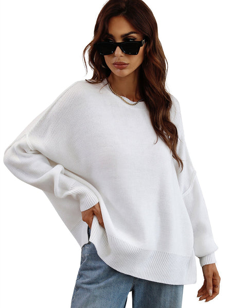 ellazhu Womens Casual Long Sleeve Crewneck Pullover Knit Sweater Side Slit Tops MY01