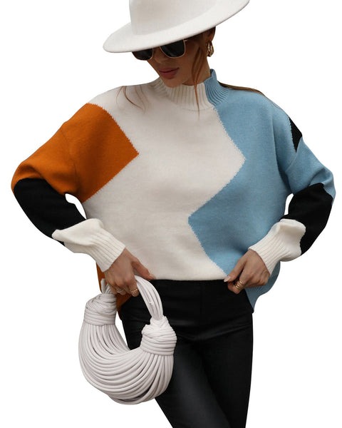ellazhu Womens Turtleneck Patchwork Casual Long Sleeve Crewneck Pullover Knit Sweater MY08