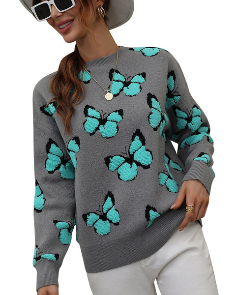 ellazhu Womens Pullover Print Casual Long Sleeve Crewneck Pullover Knit Sweater MY09