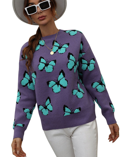 ellazhu Womens Pullover Print Casual Long Sleeve Crewneck Pullover Knit Sweater MY09