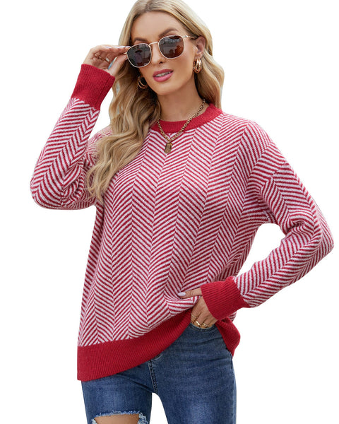 ellazhu Womens Striped Casual Long Sleeve Crewneck Pullover Knit Sweater MY14