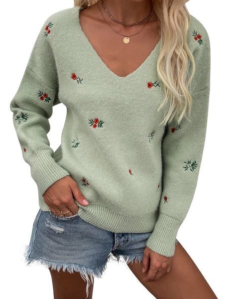 ellazhu Womens Print Casual Long Sleeve V Neck Pullover Knit Sweater Tops MY16