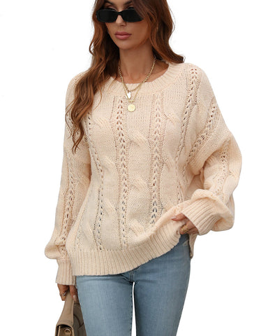 ellazhu Womens Solid Casual Long Sleeve Crewneck Pullover Knit Sweater for Women Tops MY17