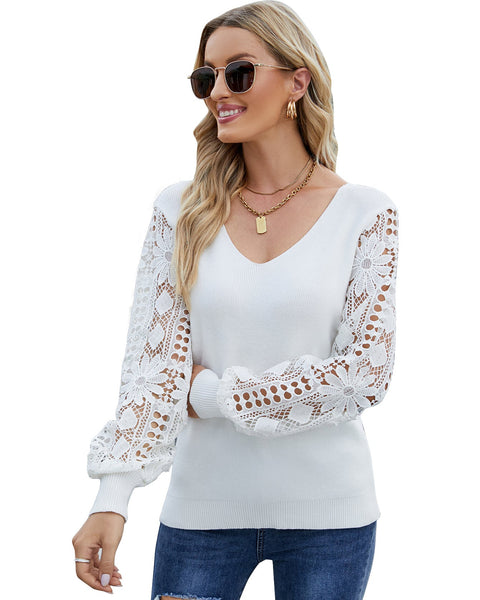 ellazhu Womens Lace Crochet Casual Long Sleeve Knit Crewneck Sweaters Knit Pullover Tops MY18