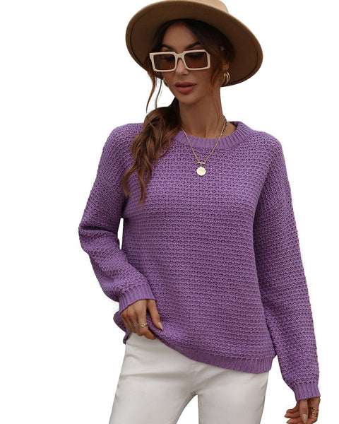 ellazhu Womens Solid Casual Long Sleeve Crewneck Pullover Knit Sweater Tops MY20